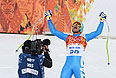 Кристоф Иннерхофер (Италия) на финише скоростного спуска в соревнованиях по горнолыжному спорту среди мужчин на XXII зимних Олимпийских играх в Сочи.