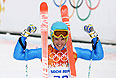 Кристоф Иннерхофер (Италия) на финише скоростного спуска в соревнованиях по горнолыжному спорту среди мужчин на XXII зимних Олимпийских играх в Сочи.