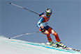 Аксель Лунд Свиндал (Норвегия) на трассе слалома-супергиганта на соревнованиях по горнолыжному спорту среди мужчин на XXII зимних Олимпийских играх в Сочи.