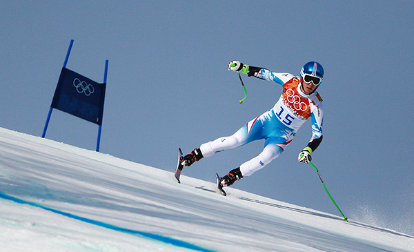 Отмар Штридингер (Австрия) на трассе слалома-супергиганта на соревнованиях по горнолыжному спорту среди мужчин на XXII зимних Олимпийских играх в Сочи.
