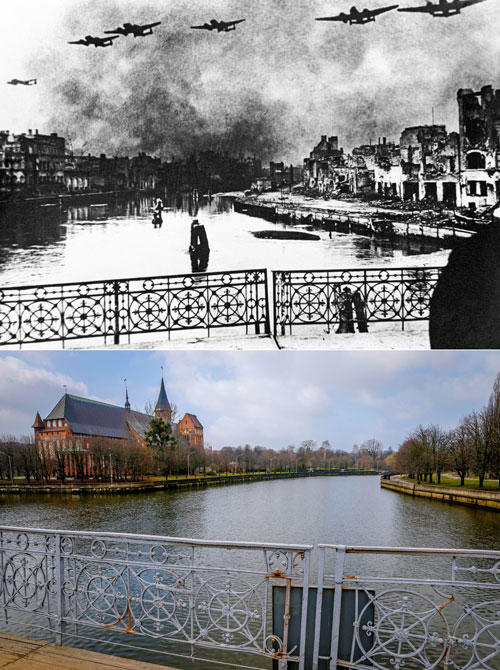 Кенигсберг, 1945 год. Советские бомбардировщики над городом.
Калининград. Кафедральный собор.