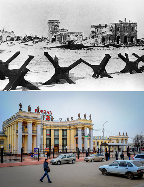 Воронеж, 1944 год. Вид на разрушенный в ходе боев город.
Воронеж. Здание железнодорожного вокзала.