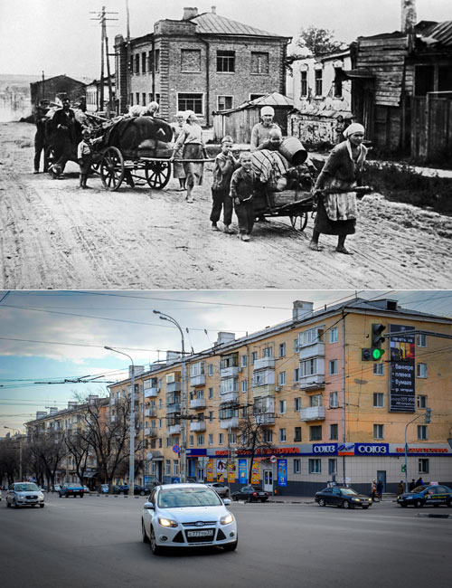 Белгород, 1943 год. Возвращение мирных жителей домой после освобождения города.
Белгород. На пересечении проспекта Славы и проспекта Богдана Хмельницкого.
