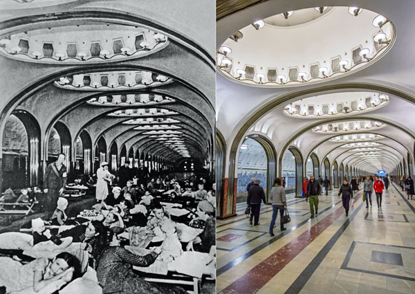 Москва, 1941 год. В подземном вестибюле станции метро "Маяковская" во время воздушной тревоги.
Пассажиры в подземном вестибюле станции метро "Маяковская ".