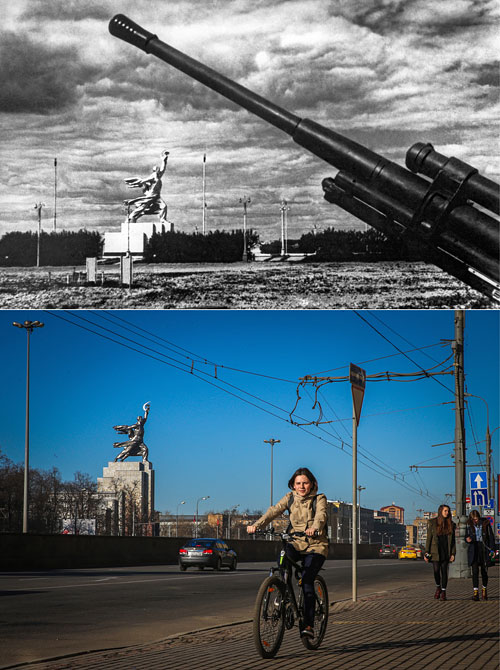 Москва, 1941 год. Зенитные орудия у Всесоюзной сельскохозяйственной выставки.
Москва. Вид на скульптуру "Рабочий и колхозница" на территории ВДНХ.