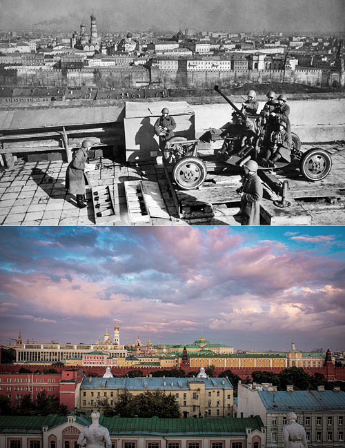 Москва. Зенитное орудие на крыше библиотеки им. В.И. Ленина.
Вид на город с крыши Российской государственной библиотеки им. В.И. Ленина.