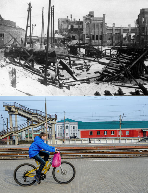 Курск, 1943 год. Здание разрушенного немецкими войсками железнодорожного вокзала.
Курск. На территории старого железнодорожного вокзала.