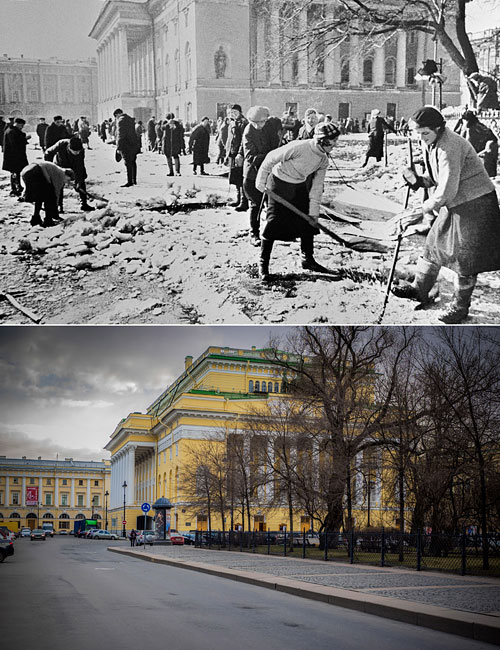 Ленинград, 1943 год. Жители города убирают лед у театра драмы имени А. С. Пушкина.
Санкт-Петербург. Вид на Александринский театр.