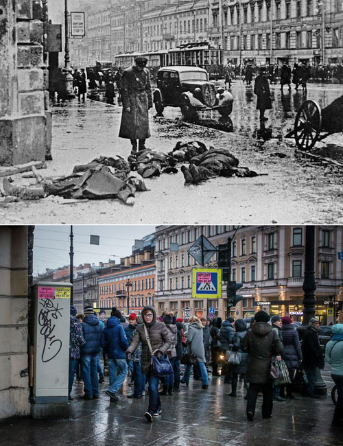Ленинград, 1941 год. На Невском проспекте после обстрела города немецкой артиллерией.
Санкт-Петербург. Прохожие на Невском проспекте.