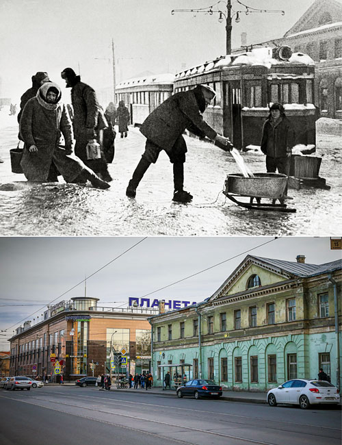Ленинград. Жители города набирают воду из водопроводного люка на Звенигородской улице в дни блокады.
Санкт-Петербург. Вид на Звенигородскую улицу.