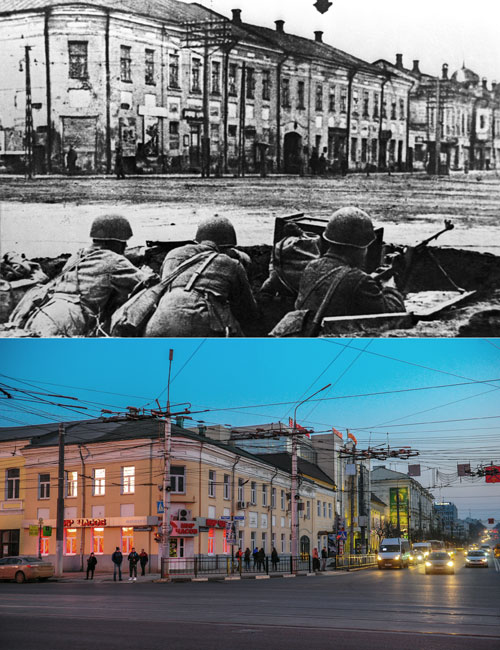 Тула, 1941 год. Военные с противотанковыми ружьями на улице Коммунаров.
Тула. Вид на центральную площадь города.