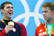 Золотой призер американец Майкл Фелпс (слева) и обладатель бронзы венгр Тамаш Кендереши во время вручения медалей Олимпийских игр в плавании на дистанции 200 метров баттерфляем